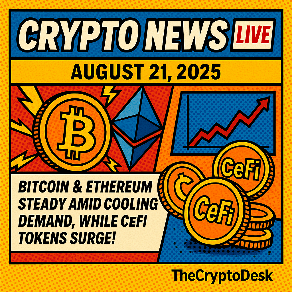 Crypto News Live: August 21, 2025 – Bitcoin & Ethereum Steady Amid Cooling Demand, While CeFi Tokens Surge!