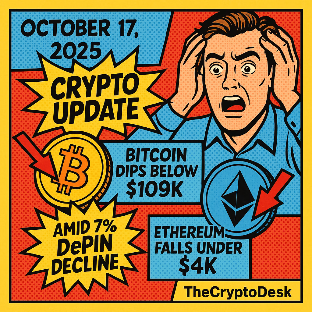 October 17, 2025 Crypto Update: Bitcoin Dips Below $109K, Ethereum Falls Under $4K Amid 7% DePIN Decline