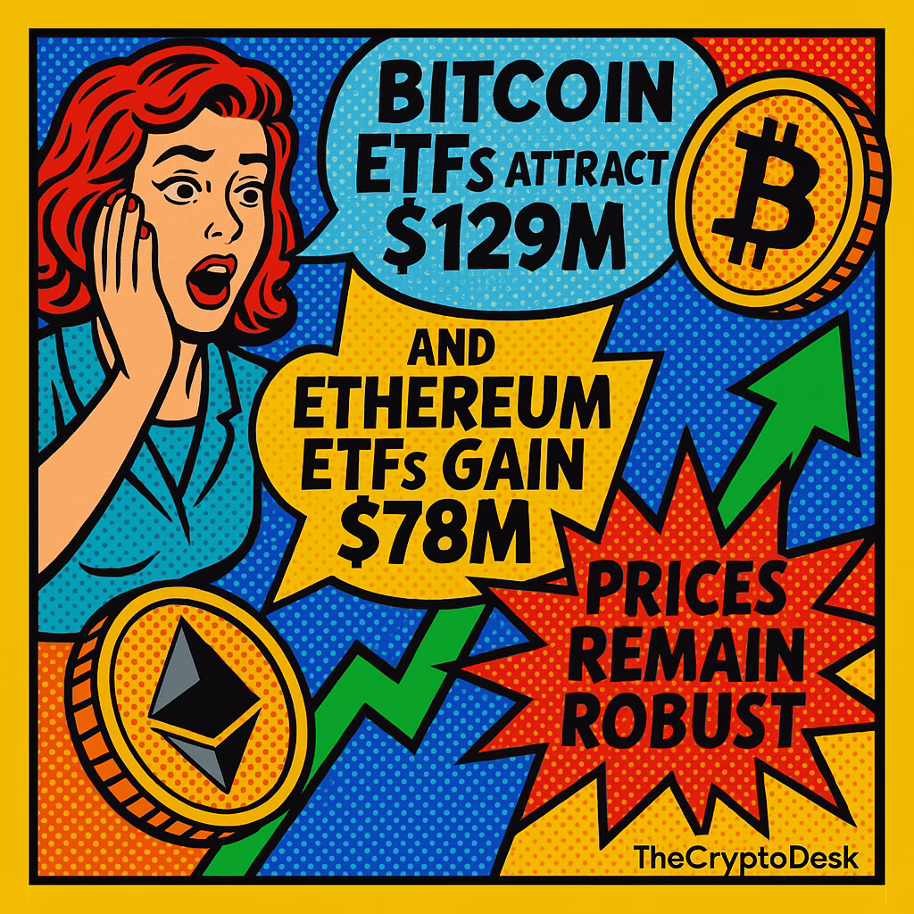 Bitcoin ETFs Attract $129M and Ethereum ETFs Gain $78M as Prices Remain Robust